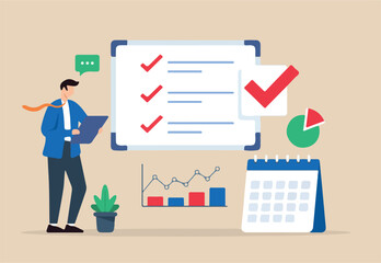 Flat illustration of marketing manager review business checklist on whiteboard with checkmark calendar graph and pie chart	
