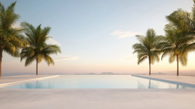 Tranquil infinity pool with palm trees overlooking serene ocean at sunset