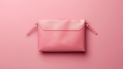 A pale pink rectangular bag with a flap closure and silver-toned straps sits on a matching pink background, viewed from directly above.  The image is minimalist 