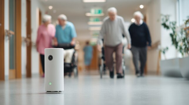 Focused medium shot of AIpowered fallrisk sensor device positioned in a hospital corridor with outoffocus elderly residents walking and nurses attending in soft background