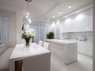 A spacious, modern kitchen and dining area bathed in bright, white light, featuring a large marble countertop island and a stylish pendant light fixture.