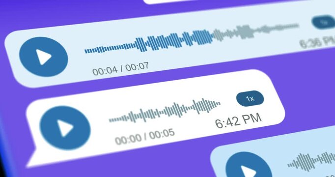 Animated list of voice message is playing on smartphone screen, new audio message with a waveform, play in progress, footage