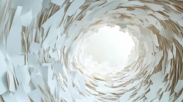 Artistic swirl of chaotic, scattered papers in spiral vortex with light at center