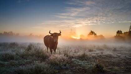 majestic bull in misty pasture at dawn