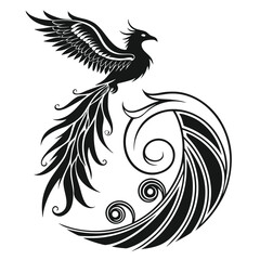 Phoenix rising from spiral ocean silhouette