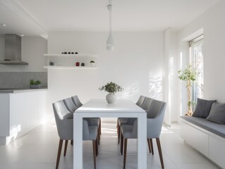 A bright, modern dining area with a minimalist white color scheme, featuring a long white table, comfortable gray chairs, and ample natural light.