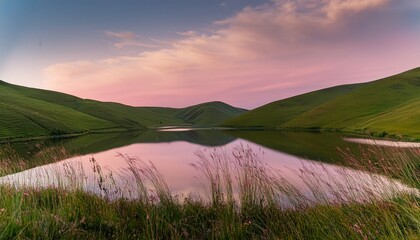 still lake amidst rolling green hills under a pinkish sky bordered by tufts of grass