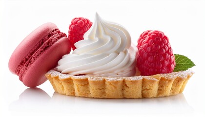 tartlet with macaroons whipped cream and raspberry isolated on white background