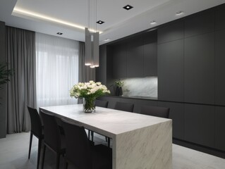 A modern, minimalist dining area featuring a large, white marble table and dark gray cabinetry.