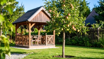 Wooden Gazebo with Apple Tree, and Garden.