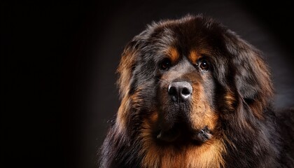 majestic tibetan mastiff portrait with expressive eyes against dark background