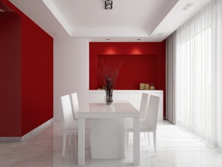 A modern dining area with striking red accents and a clean, white aesthetic.
