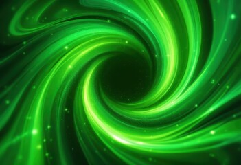 A vibrant green spiral galaxy-like swirl, radiating luminescence, with a dark center speckled with tiny lights, creating a mesmerizing, energetic vortex effect