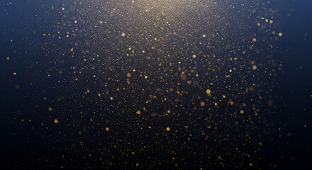 Abstract image of golden particles on dark blue background, creating a sparkling, ethereal effect, ideal for celebratory or luxurious designs, free space for text