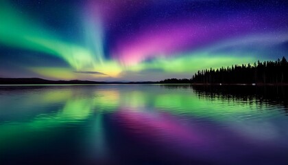 aurora borealis glowing in shades of green and purple above a calm lake leaving space at the bottom for branding