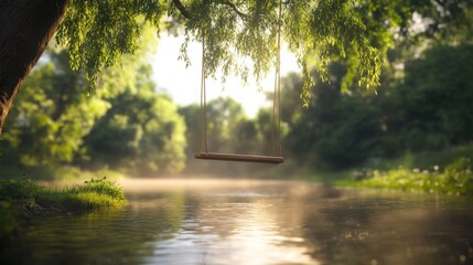 Obraz premium Idyllic riverside swing under lush green trees at sunrise