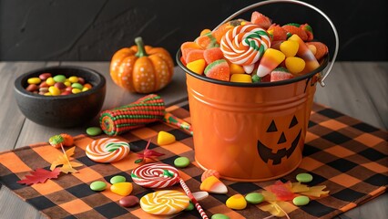 A vibrant halloween bucket overflowing with colorful candies and lollipops perfect for trick or treaters