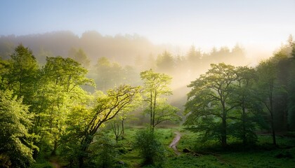 serene forest surrounded by soft morning light and misty atmosphere