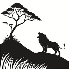 Lion roaring across crystal valley silhouette