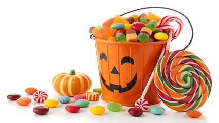 A festive halloween pumpkin bucket overflowing with colorful candies and large swirling lollipops on a white background