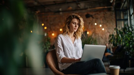 Blonde woman working on a laptop in a cafe, focused and thoughtful, using technology.