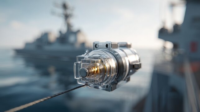 Close medium shot of a cuttingedge quantum magnetometer unit in clear detail connected to a frigate via tow cable with the ships silhouette and horizon rendered out of focus.