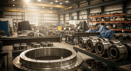 Fabrication shop floor filled with parts for upcoming installations in largeaperture observatory dome azimuth bearings.