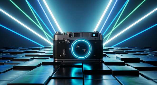 Vintage camera on dark cubic surface, illuminated by vibrant neon lights, showcasing a modern take on classic photography, perfect for tech or retro design concepts