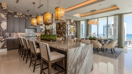 Open-plan kitchen and dining area with stunning views.