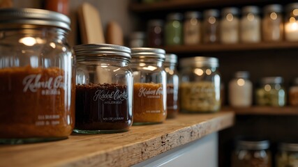 Glass jars filled with homemade preserves, pickles and spices on wooden kitchen shelf
