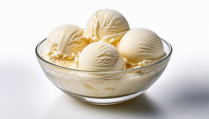 a glass bowl filled with three scoops of creamy vanilla ice cream on white background