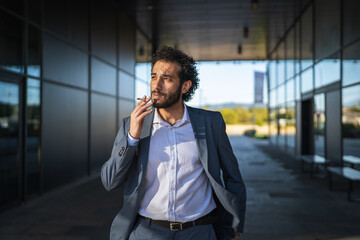 Businessman smoking a cigarette outside office building