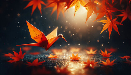 elegant red origami crane with dramatic bokeh effects and autumn maple leaves