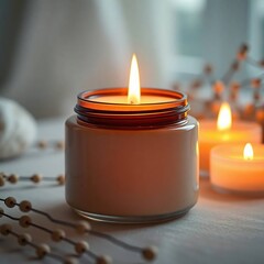 Burning candles with cozy home scene.