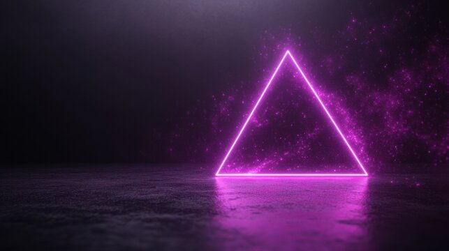 Glowing neon triangle in dark space with purple light particles reflections