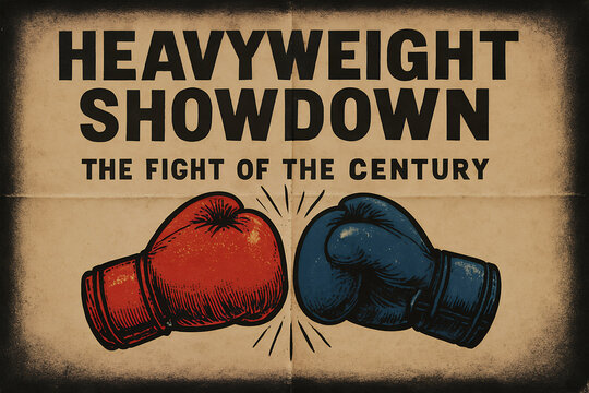 Two boxing gloves clash in vintage style on grunge background, symbolizing a dramatic sports rivalry. Vintage tin sign, emblem badge patch with retro design and distressed look