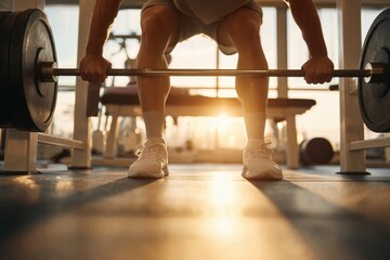 a man is deadlifting with his friend in the gym on a sunny day. sunlight is shining through the windows the person's white shoes are visible, as well as their muscular arms and legs Generative AI