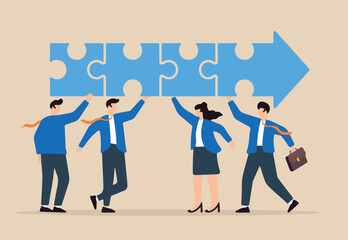 Flat illustration of business people connect arrow piece jigsaw puzzle teamwork for career growth	
