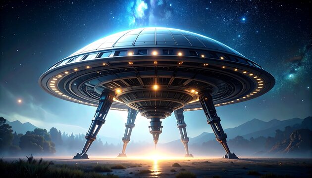 UFO Landing with Alien Spaceship, and Night Sky.