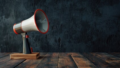 A vintage-style megaphone rests on a dark wooden surface against a textured, dark-grey backdrop, suggesting a concept related to announcements or communication