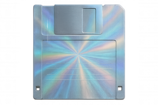 Holographic floppy disk glowing with vibrant light rays, symbolizing vintage digital storage against transparent backdrop