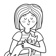 Cute girl hugging a cat in outline. Black and white coloring page with a cat lover. Pet owner in cartoon style. Vector illustration