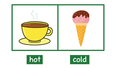 Hot and cold opposite adjectives educational wordcard. Flashcard with a cute bird and a birdhouse for school and preschool. Activity page for kids. Vector illustration