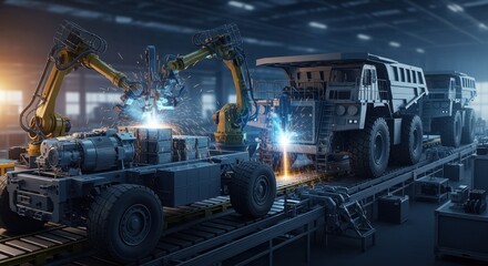 Deepmine equipment assembly line featuring multiple unfinished autonomous haul trucks progressing toward final build stages.