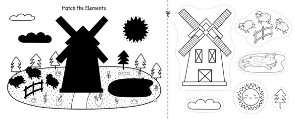 Cut and glue game for kids in outline. Match the farm elements. Printable black and white activity page for kids.  Vector illustration
