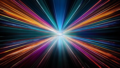 abstract dark background of light with stripes of colourful rays moving from the center