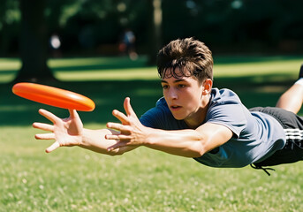 Cinematic Teen Diving to Catch Frisbee in Sunlit Park