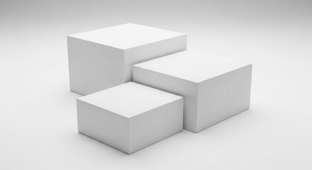 Three white cubes form a minimalist display, showcasing a clean, modern aesthetic ideal for product presentation or branding mockupsFree space for text or logo placement