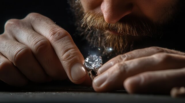 Expert jeweler inspecting a brilliant diamond with precision and focus