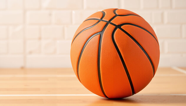 Orange basketball on wooden floor in indoor gym environment  